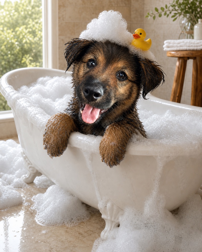 Bubble-Bath Disaster personalized pet portrait example