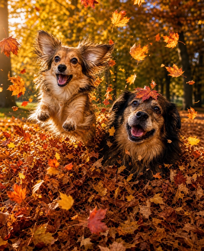 Leaf-Pile Explosion personalized pet portrait example